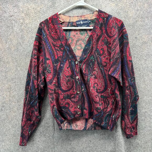 Ralph Lauren Cardigan Sweater Women Small Red Corduroy  Paisley Lambswool 90s - Picture 1 of 9